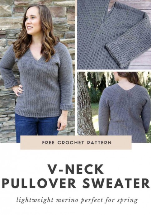 V-Neck Crochet Pullover Sweater