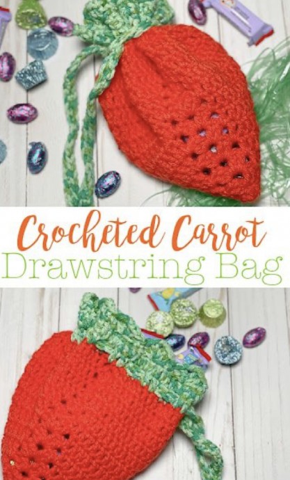 Crocheted Carrot Drawstring Treat Bag