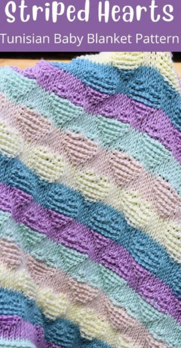 Crochet Tunisian Striped Hearts Baby Blanket