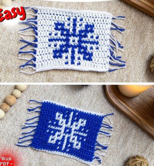 Crochet Mosaic Snowflake Mug Rug Coaster