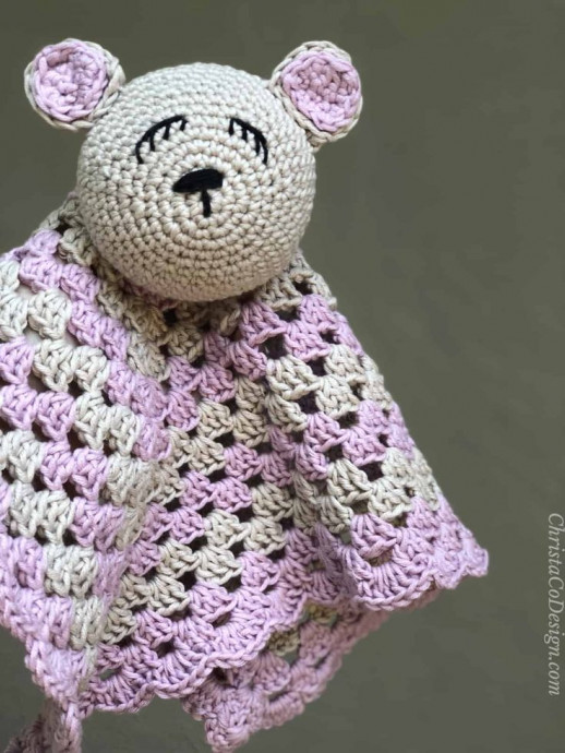 Crochet Bettie Bear Granny Square Lovey Throw - Adorable Handmade Nursery Blanket