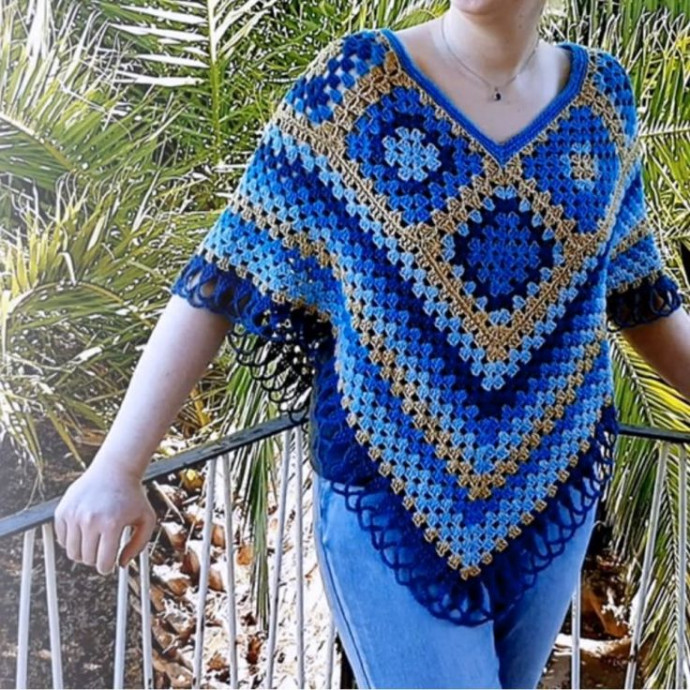 Crochet Cool Blue Summer Granny Square Poncho