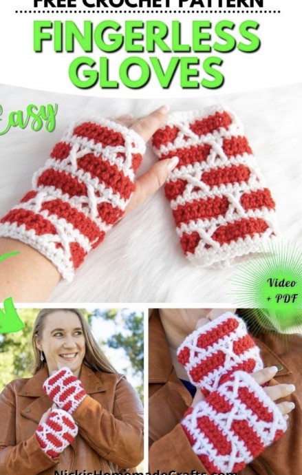 Crochet Fingerless Gloves in Red and White Stripes