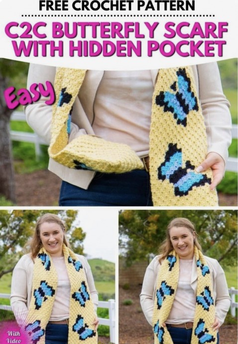 C2C Butterfly Crochet Scarf Pattern with Hidden Pocket
