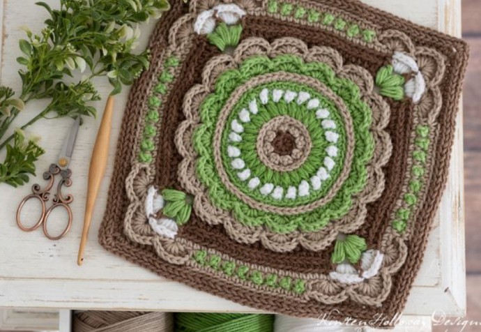 Crochet Square Textured Floral Motif (Free Pattern)