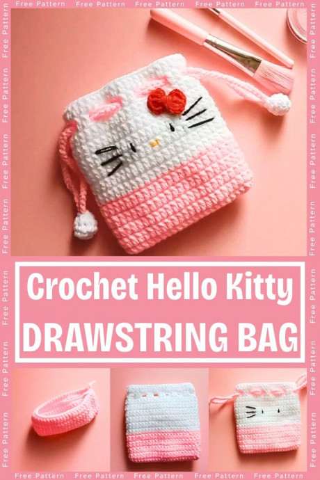 Crochet Hello Kitty Drawstring Bag