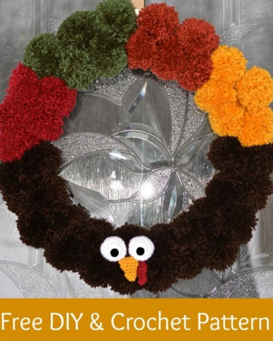 Crochet Turkey Pom Wreath (Free Pattern)
