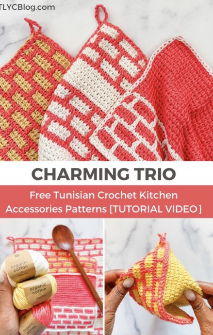 Crochet Kitchen Accessories Set With a Towel, Cloth, and Potholder