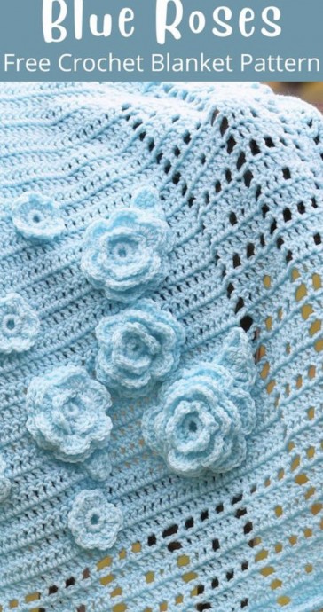 Crochet Blue Roses Baby Blanket
