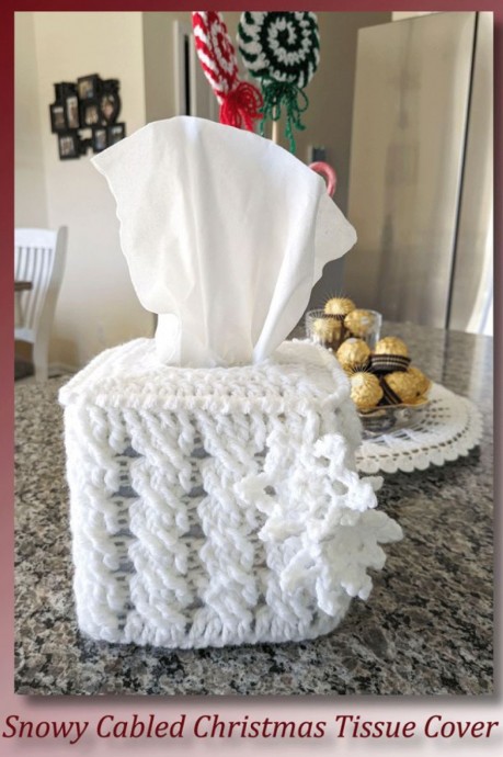 Crochet Snowy Cabled Christmas Tissue Cover