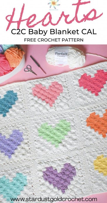 Hearts C2C Crochet Baby Blanket Pattern (FREE)