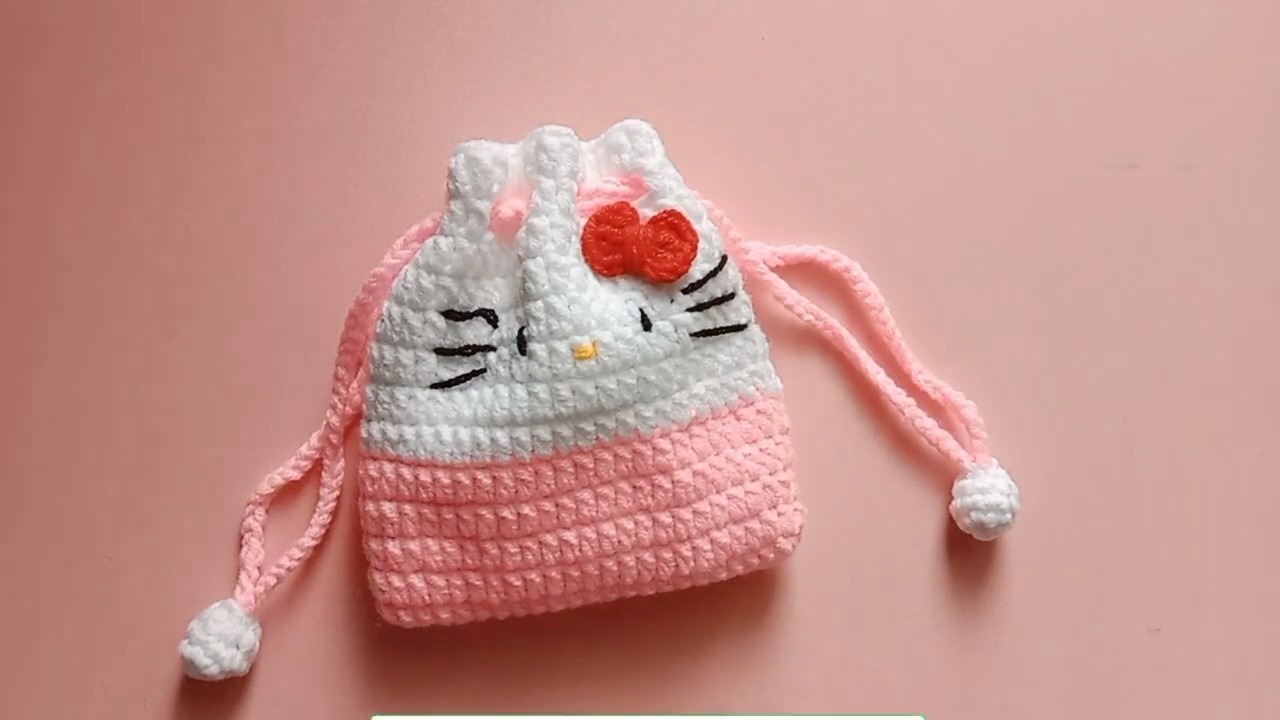 Crochet Hello Kitty Drawstring Bag