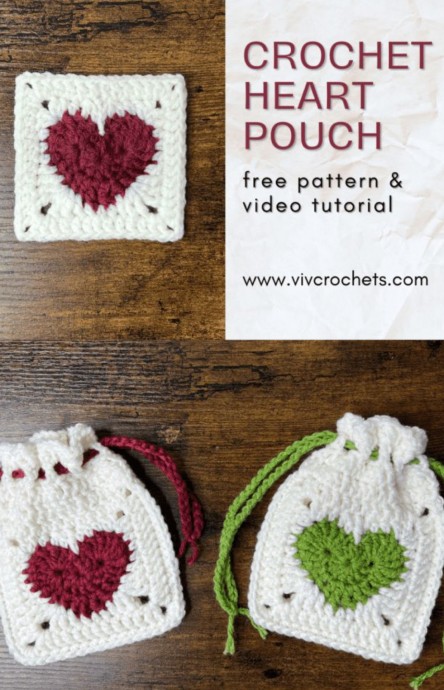Crochet Heart Granny Square Drawstring Pouch (Free Pattern)
