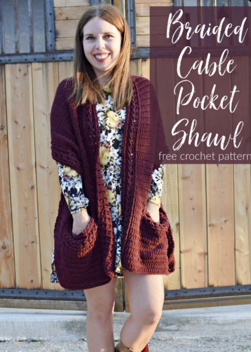 Braided Cable Pocket Shawl Crochet Pattern (FREE)