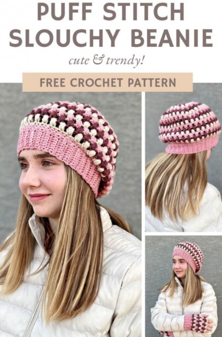 Crochet Puff Stitch Slouchy Beanie (Free Pattern)